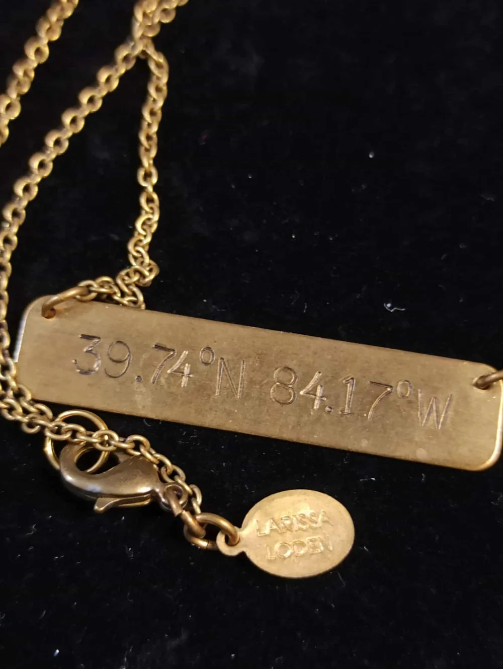 LARISSA LODEN gold tone coordinate bar necklace 39.74N 84.17W minimalist engrave